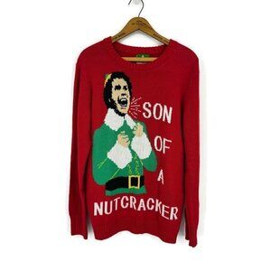 Elf Son of A Nutcracker Christmas Sweater Mens S Red Pullover Buddy